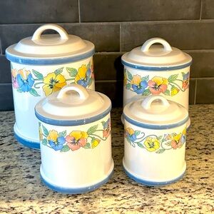 VTG Nishiwaki Japan 1980’s Floral Pansy Ceramic Canister RARE Set of 4 Like New!